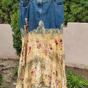 Vtg Jeanology Denim Lace Trim Velvet Skirt